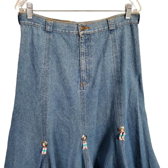 Geoffrey Hunter Size L Skirt Midi Flared Denim Beaded Cowgirl Western VTG 80s - Picture 3 of 13